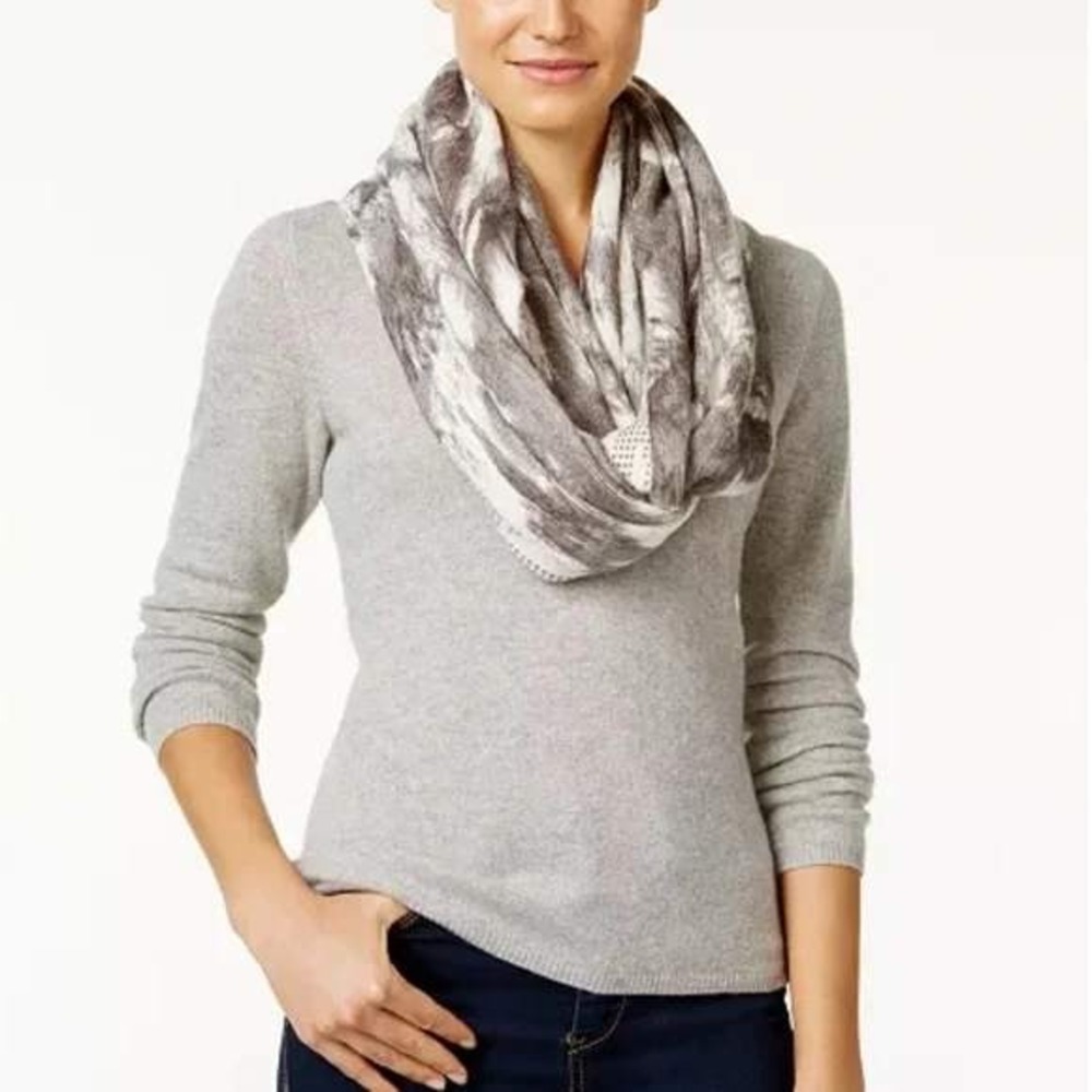 Michael Kors Grey White Abstract Knit Infinity Scarf Logo Pattern Snood